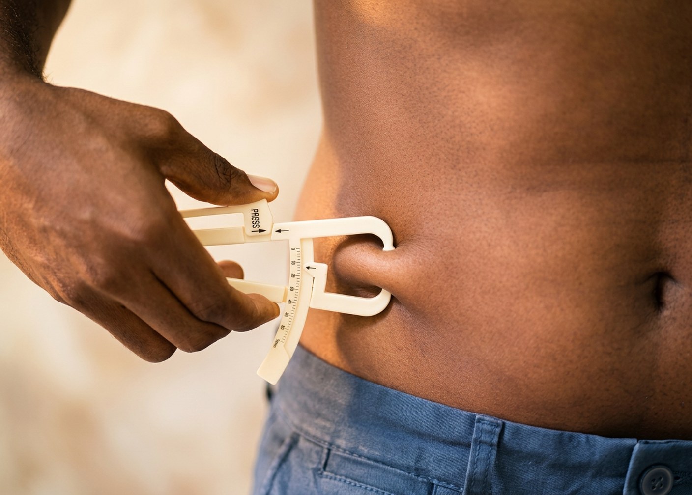 Body composition measurement with a skin caliper in warm neutral tones